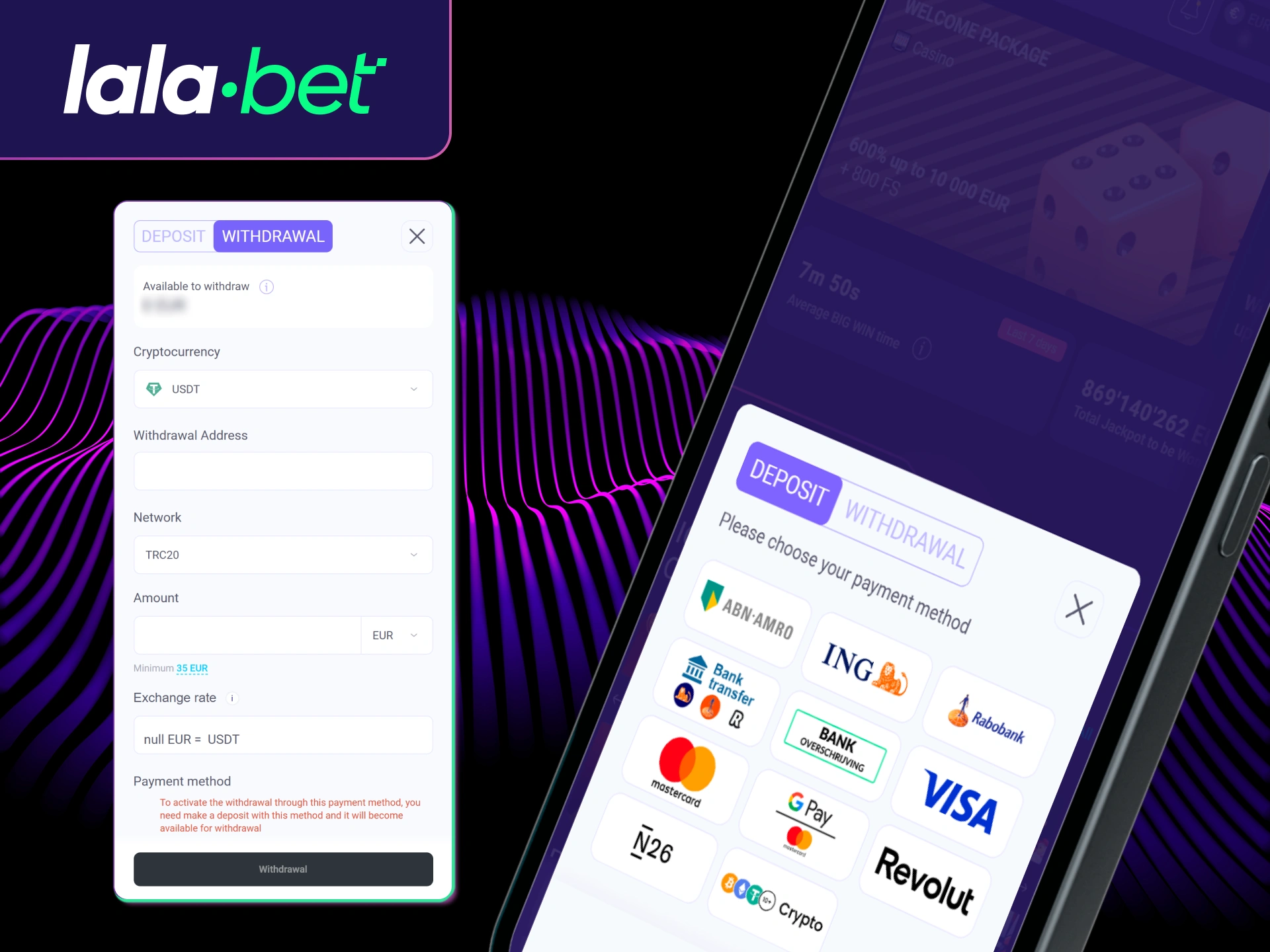 Bekijk de beschikbare betaalmethoden in de Lalabet-app.