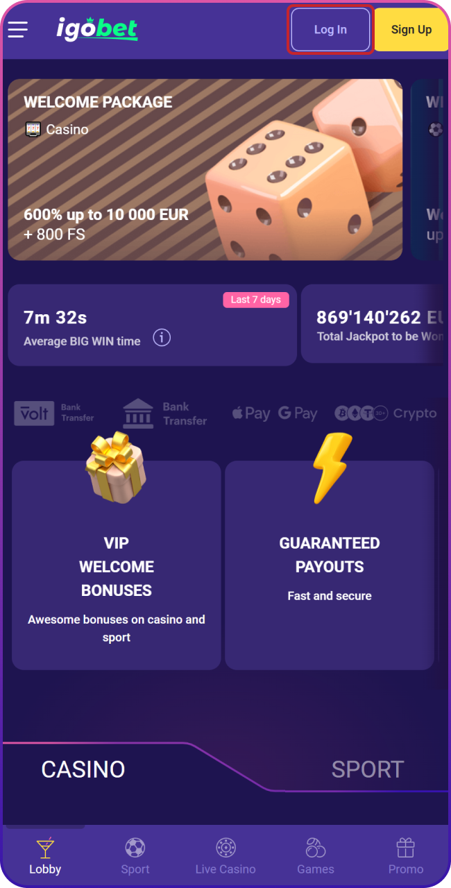 Start de Lalabet app en log in of registreer je direct om te beginnen met storten en spelen.