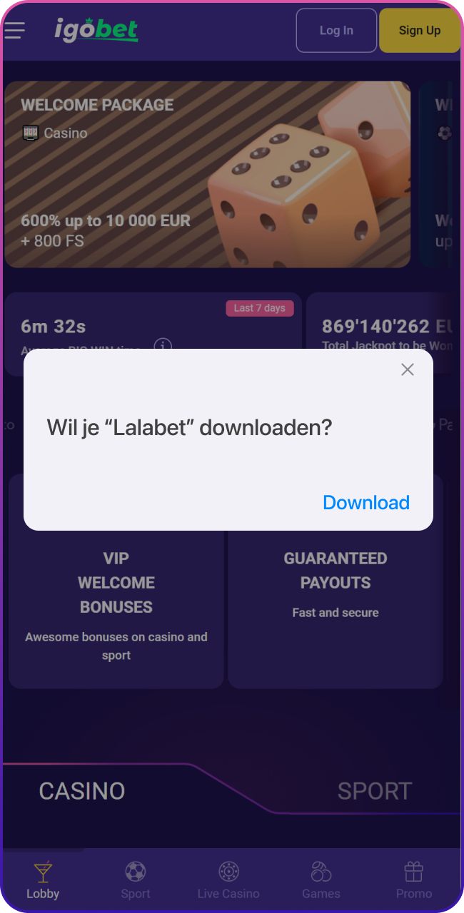 Sta het downloaden van de Lalabet-app toe door de melding op het scherm van je iPhone te accepteren.