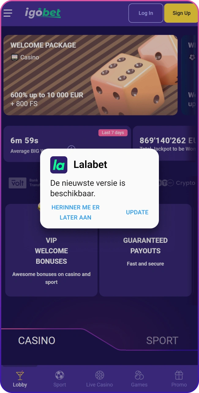 Klik op de knop Update nu hieronder om direct de nieuwste Lalabet APK-download te starten.