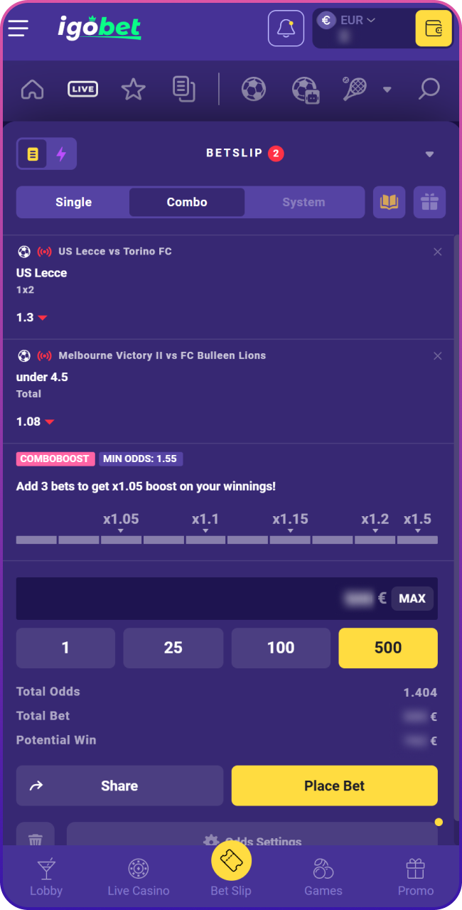 Controleer je selecties en bevestig je inzet om je weddenschap live te volgen in het interactieve Lalabet wedstrijdcentrum.
