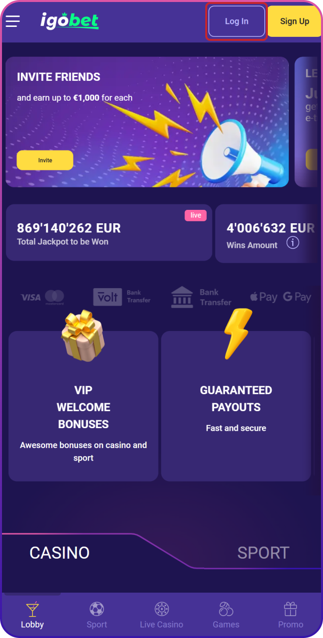 Meld je aan via de knop Log in of registreer en vergeet niet om direct je leeftijd te verifiëren bij Lalabet.