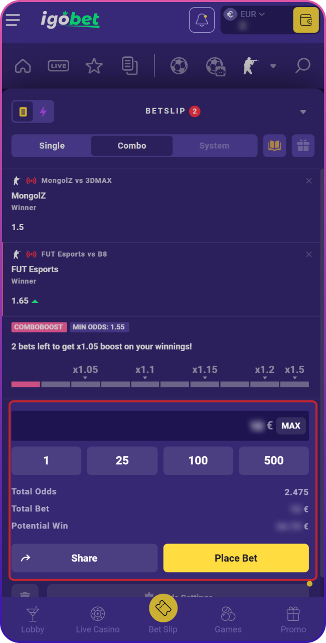 Kies je favoriete team, selecteer een markt en bedrag op je betslip en bevestig je eerste esports-weddenschap bij Lalabet.