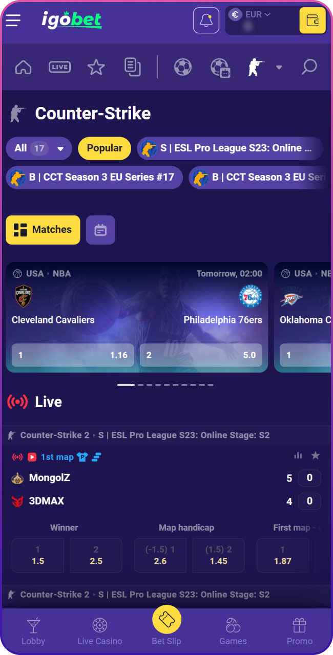 Navigeer door het hoofdmenu en open de Esports-sectie om het volledige aanbod van games bij Lalabet te bekijken.