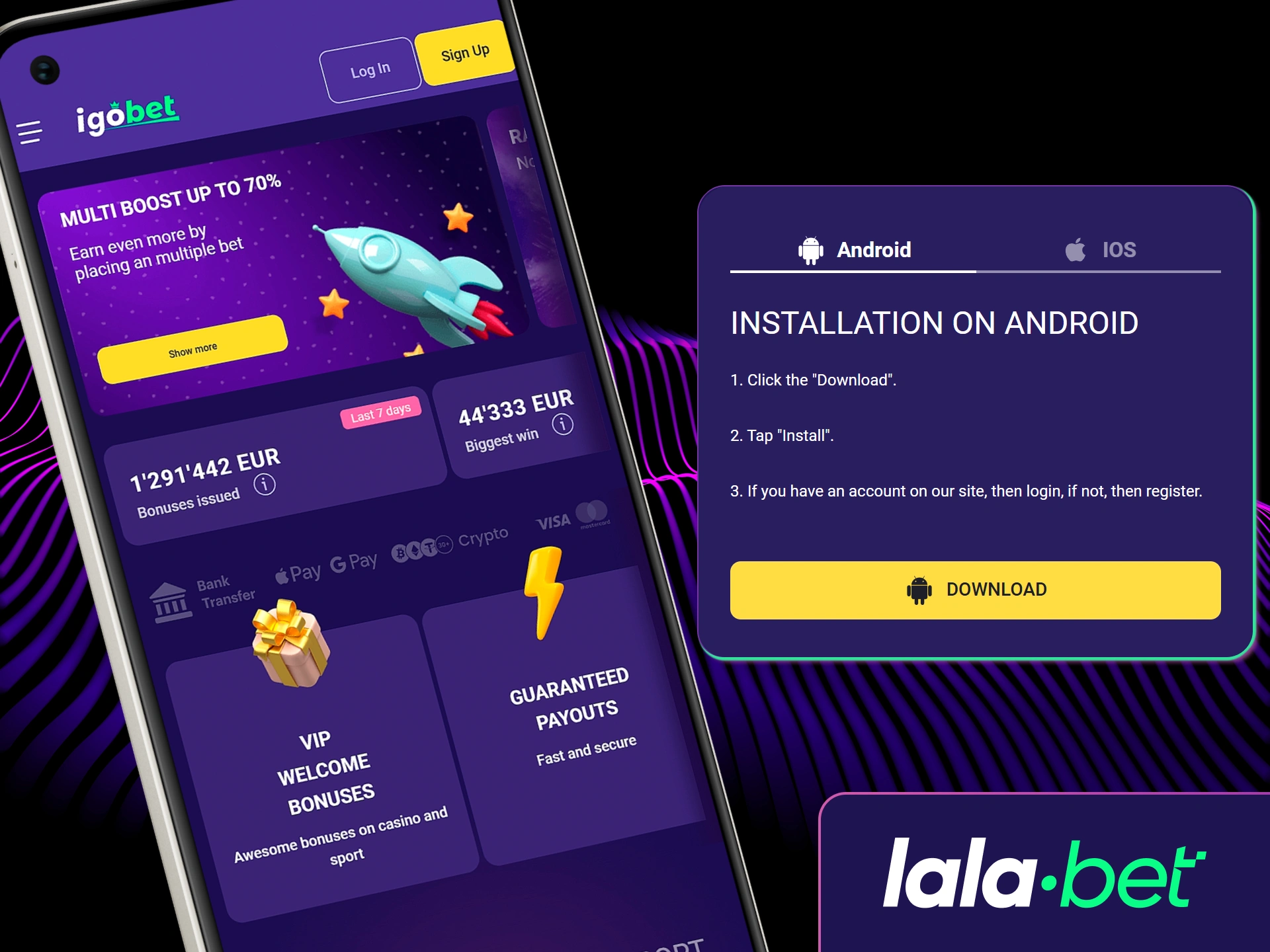 Download de Lalabet Android-app voor snelle navigatie en live quoteringen op je toestel.