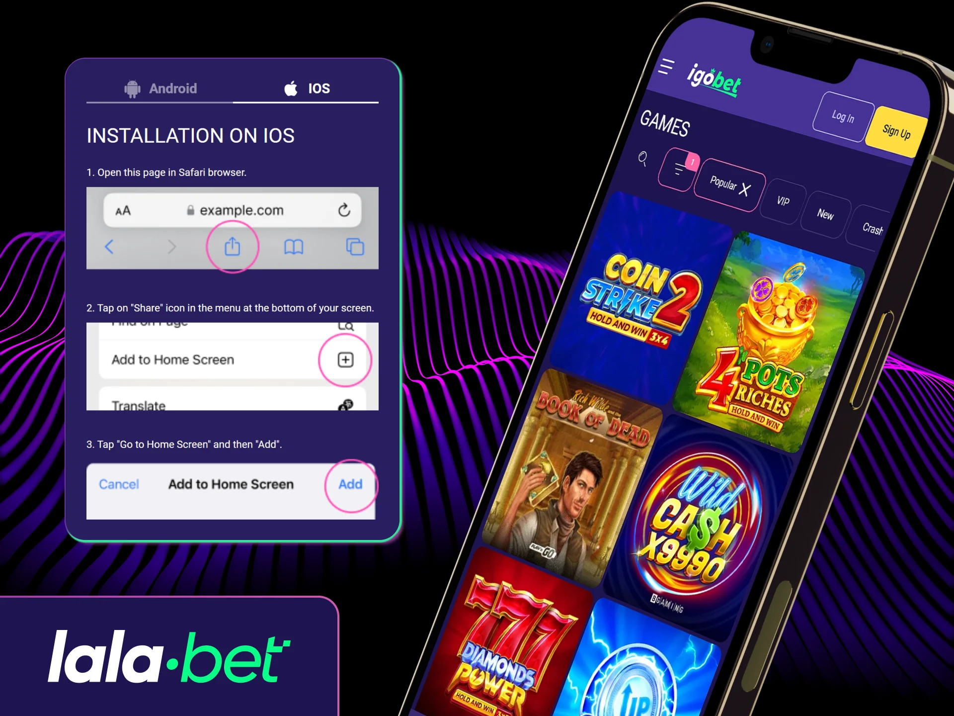 Gebruik de Lalabet iOS PWA-snelkoppeling voor een soepele mobiele ervaring op je iPhone of iPad.