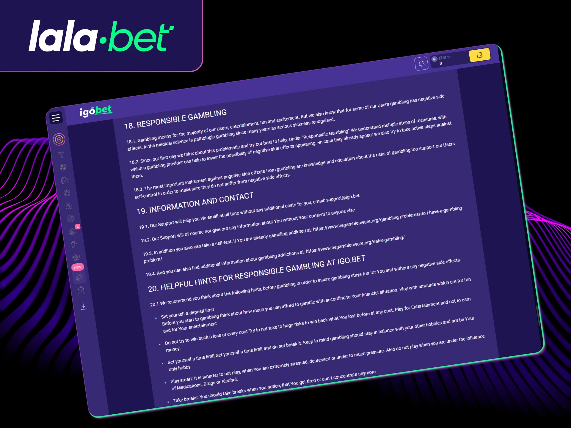 Bekijk de hulpmiddelen en tips voor verantwoord spelen bij Lalabet om je gokgedrag onder controle te houden.