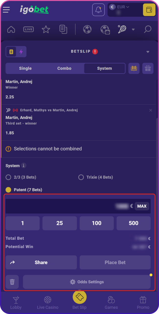 Bekijk je winstkansen, controleer je rendement en bevestig de weddenschap, inclusief de optie voor een Lalabet cash-out.