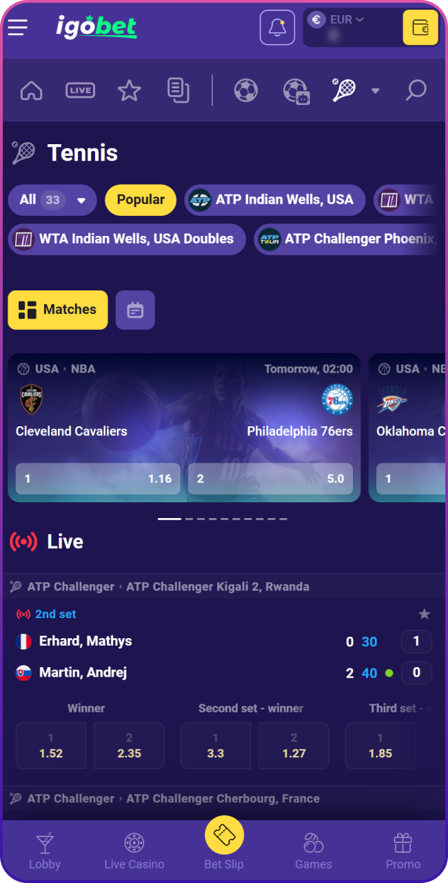 Navigeer naar de sportsectie en ga naar Tennis om je favoriete ATP, WTA of Grand Slam toernooien te vinden bij Lalabet.