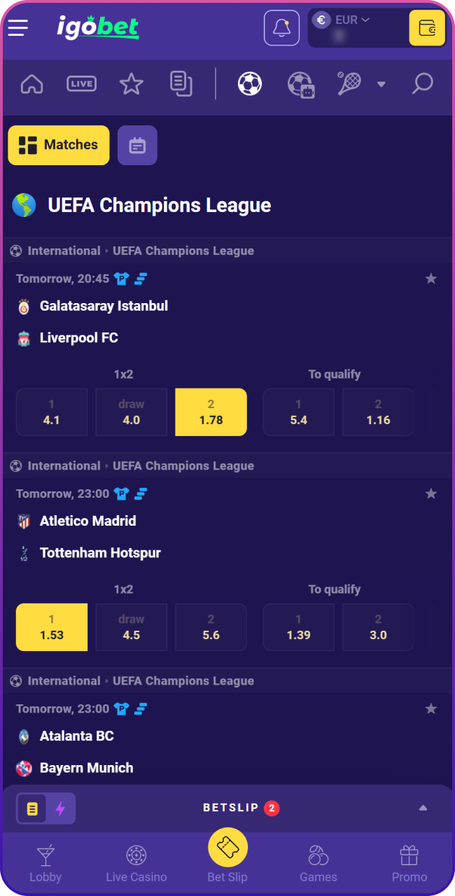 Bekijk alle beschikbare opties en begin met een specifieke markt selecteren, zoals 1X2 of over/under bij Lalabet.