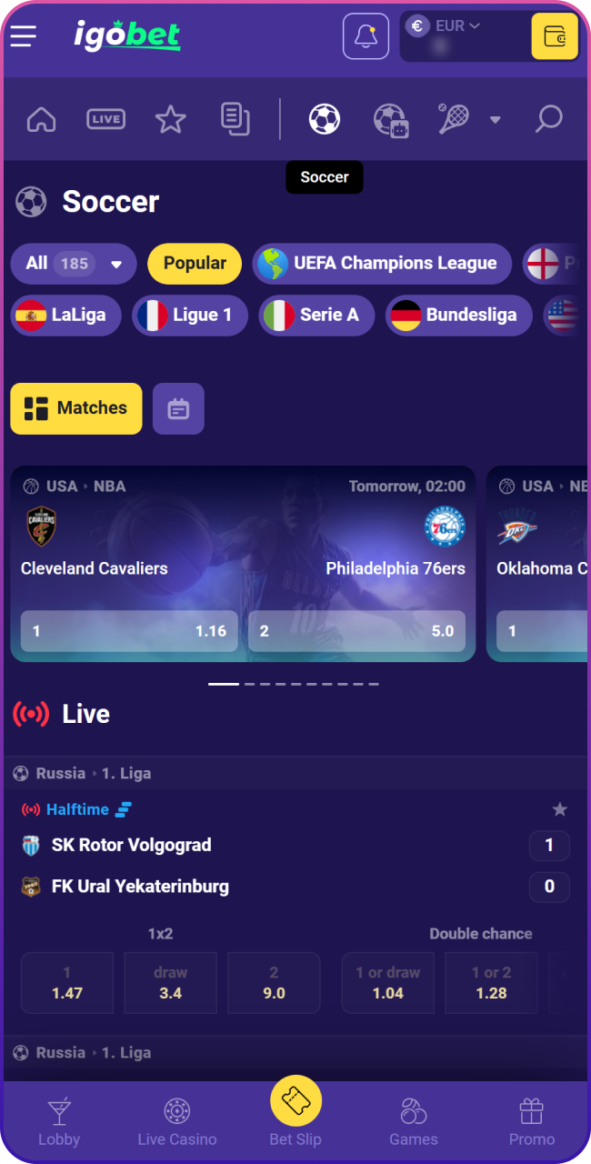 Navigeer door het sportsbook en begin met je gewenste competitie en wedstrijd kiezen uit het ruime Lalabet aanbod.