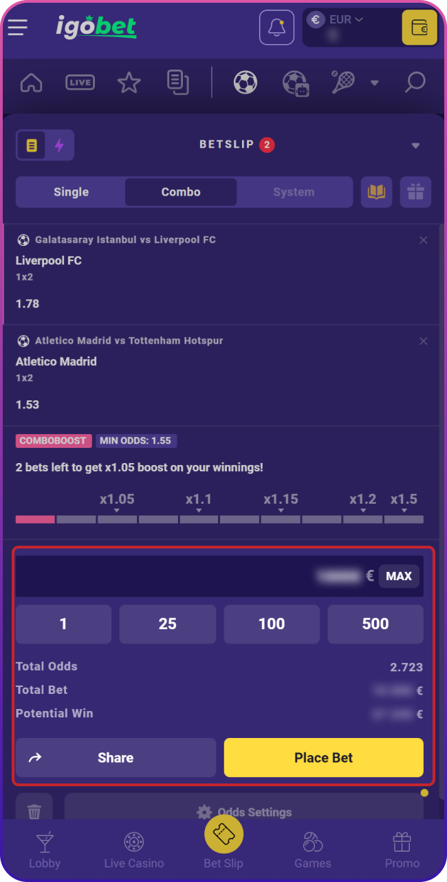 Vul het bedrag in op je wedbriefje om je inzet te bepalen en controleer je selectie voordat je de weddenschap bij Lalabet plaatst.
